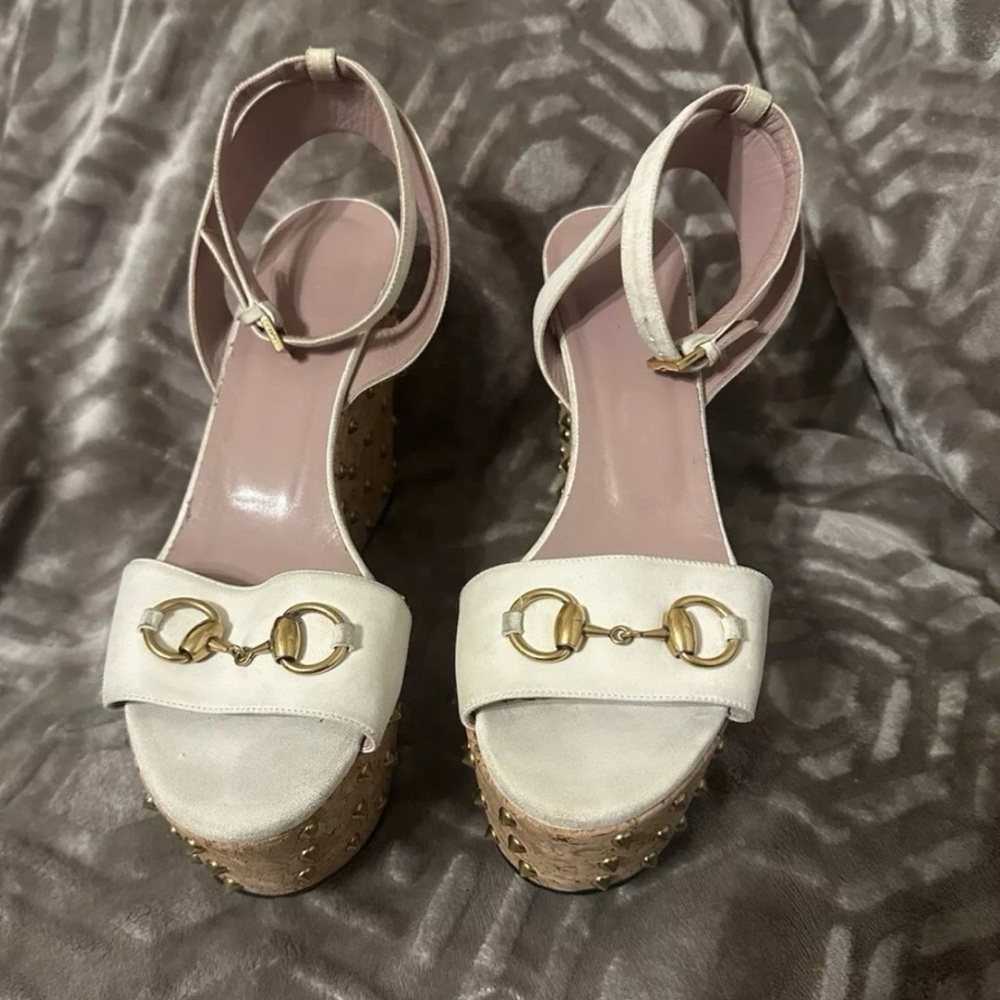 Gucci Horsebit Studded Cork Wedge Sandals - Cream Suede